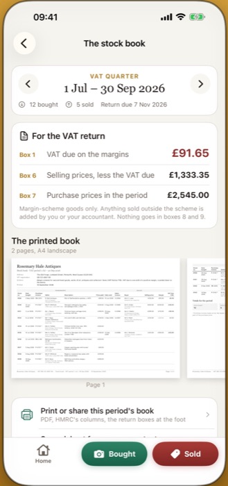 The stock book screen showing the VAT quarter, Box 1, Box 6 and Box 7, and the printed pages