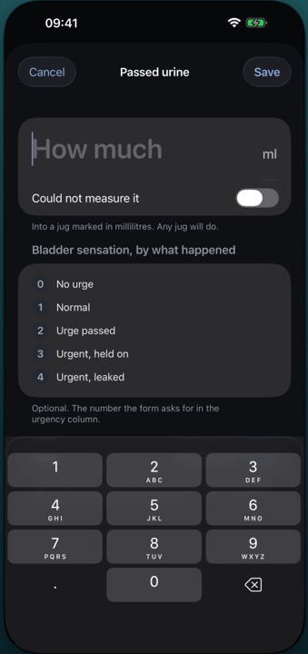 Entering a void: the amount in millilitres, with the optional 0 to 4 urgency scale and its full wording