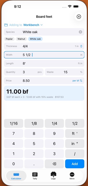 The Board Foot Tally calculator with thickness in quarters, width and length entered as fractions, showing 11.00 board feet