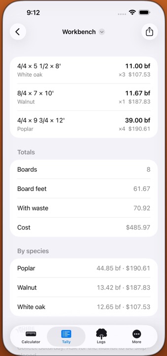 A running tally of boards with board feet, waste and cost totalled by species