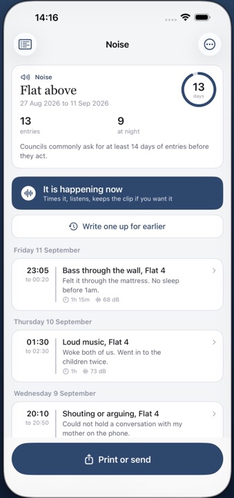 The Complaint Diary's list of entries, each with the date, the start and stop times and the noise type