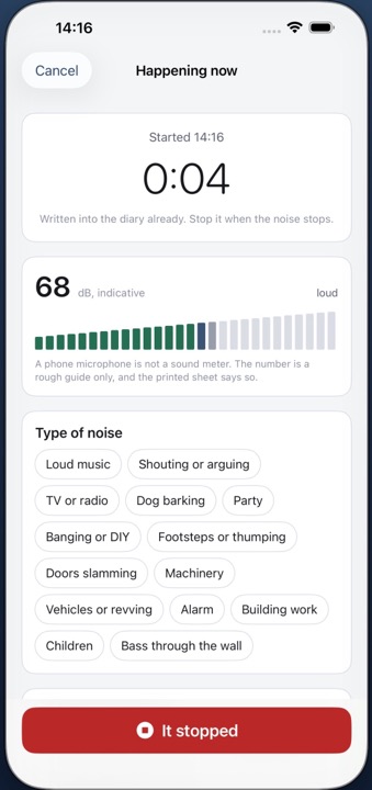 A live noise entry being recorded, with a running timer and a microphone reading marked as indicative