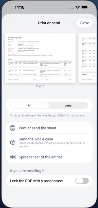 The printed noise diary sheet in landscape, with the declaration and a signature line