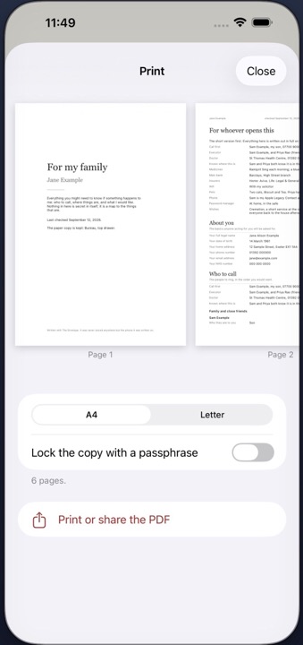 The printed document preview, showing the cover and first page on A4