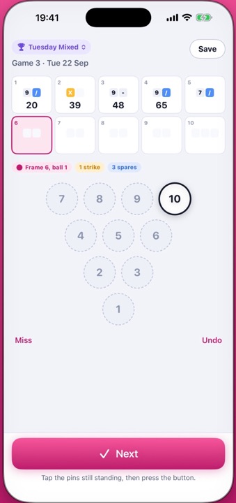 The scoreboard with ten frames, the pin deck for tapping the pins still standing, and the running score