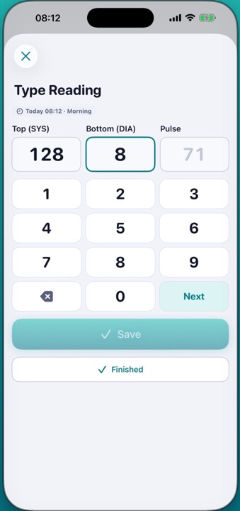 Entering a reading: three boxes for systolic, diastolic and pulse with a large number pad