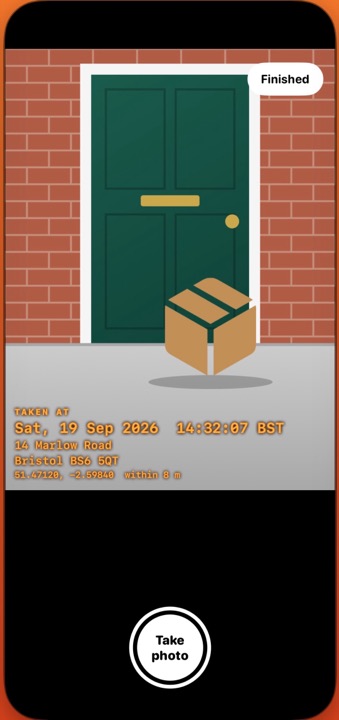 The Taken At camera with the live stamp showing the date, time to the second and the street address