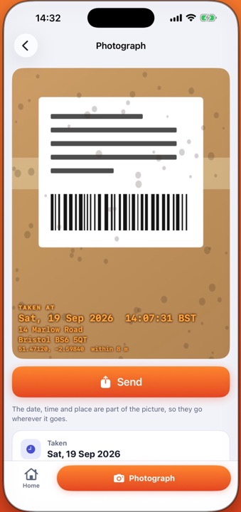 A finished photograph with the orange date, time and place stamp burnt into the corner
